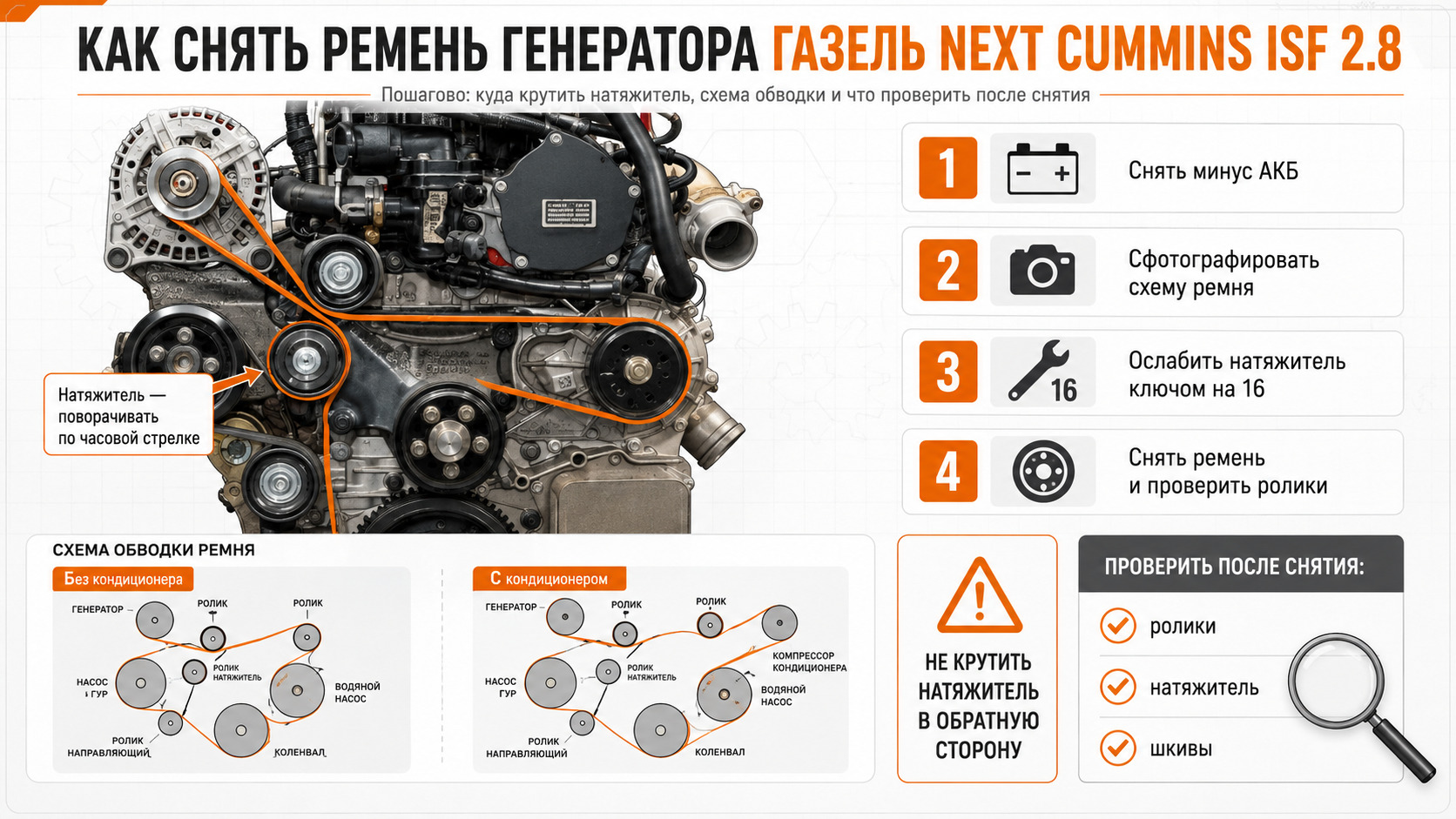 Схема обводки ремня: с кондиционером и без