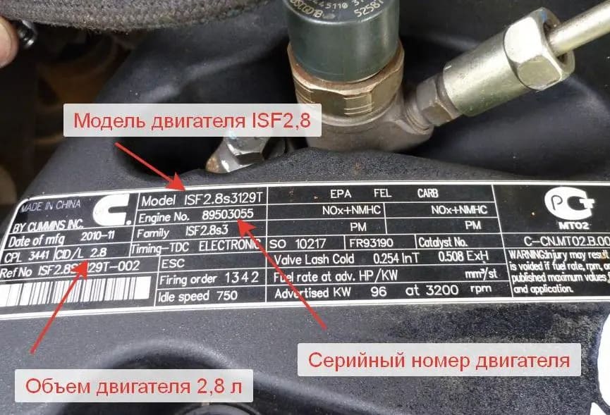 Номер двигателя Камминз 2.8 где находится (Cummins ISF2.8)